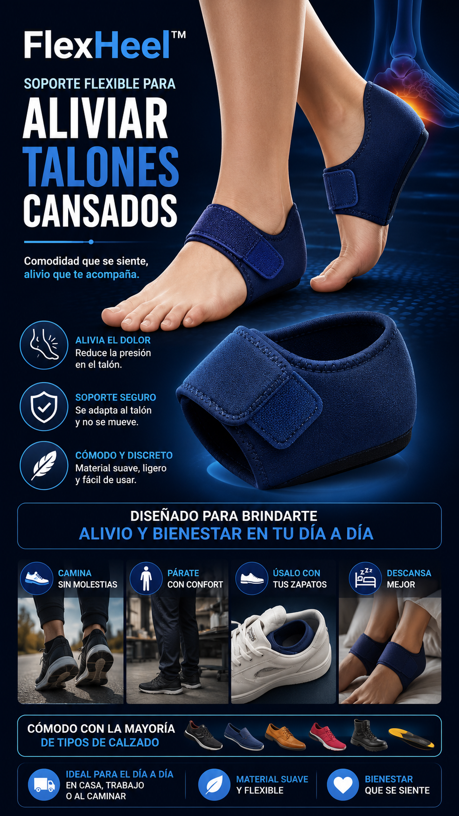 FlexHeel™ Soporte flexible para aliviar talones cansados.